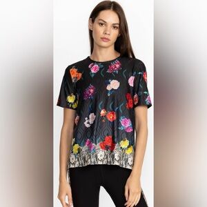 Johnny Was Active Black and Rose Lace Cross Back Tee Size Small